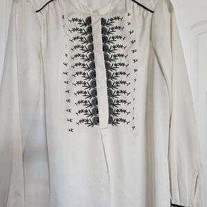 Lucky Brand White Blouse with Black Embroidery